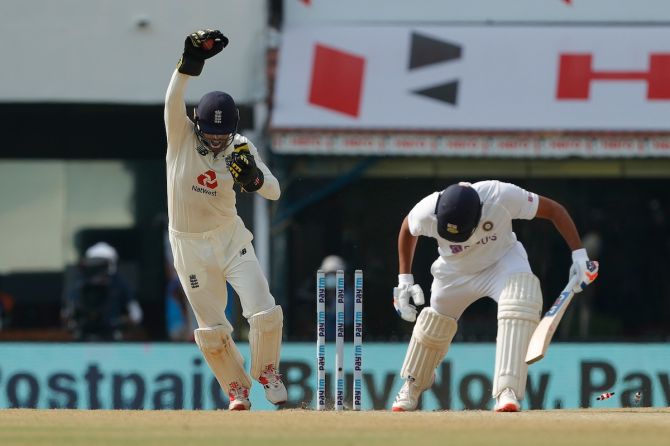England wicketkeeper Ben Foakes stumps India opener Rohit Sharma on Monday, Day 3 of the second Test,