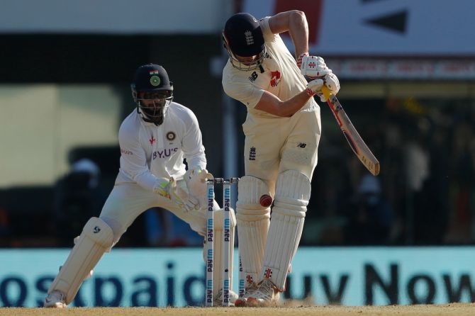 England opener Dom Sibley is trapped leg before wicket by Axar Patel.