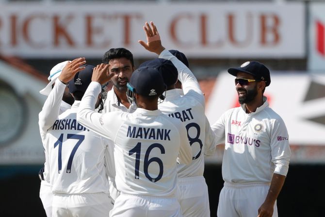 India’s players celebrate after Ravichandran Ashwin dismisses Daniel Lawrence.