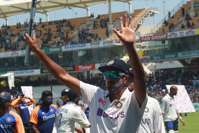 Ravichandran Ashwin waves to the crowd as India’s players celebrate victory over England on Tuesday, Day 4 of the second Test
