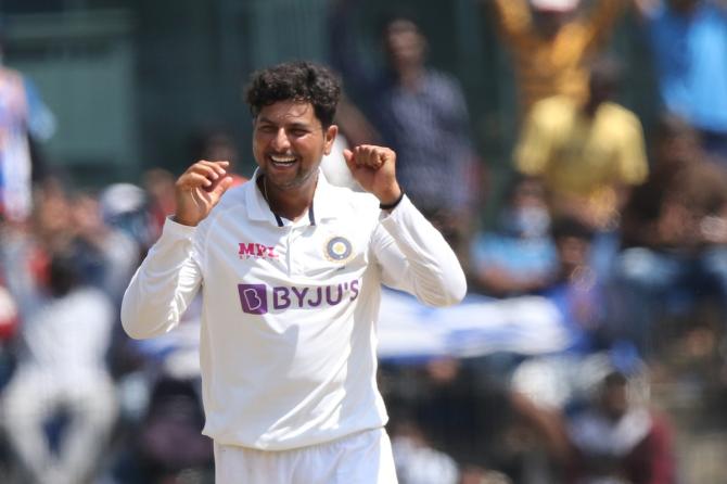 Kuldeep Yadav celebrates after dismissing Ben Foakes.