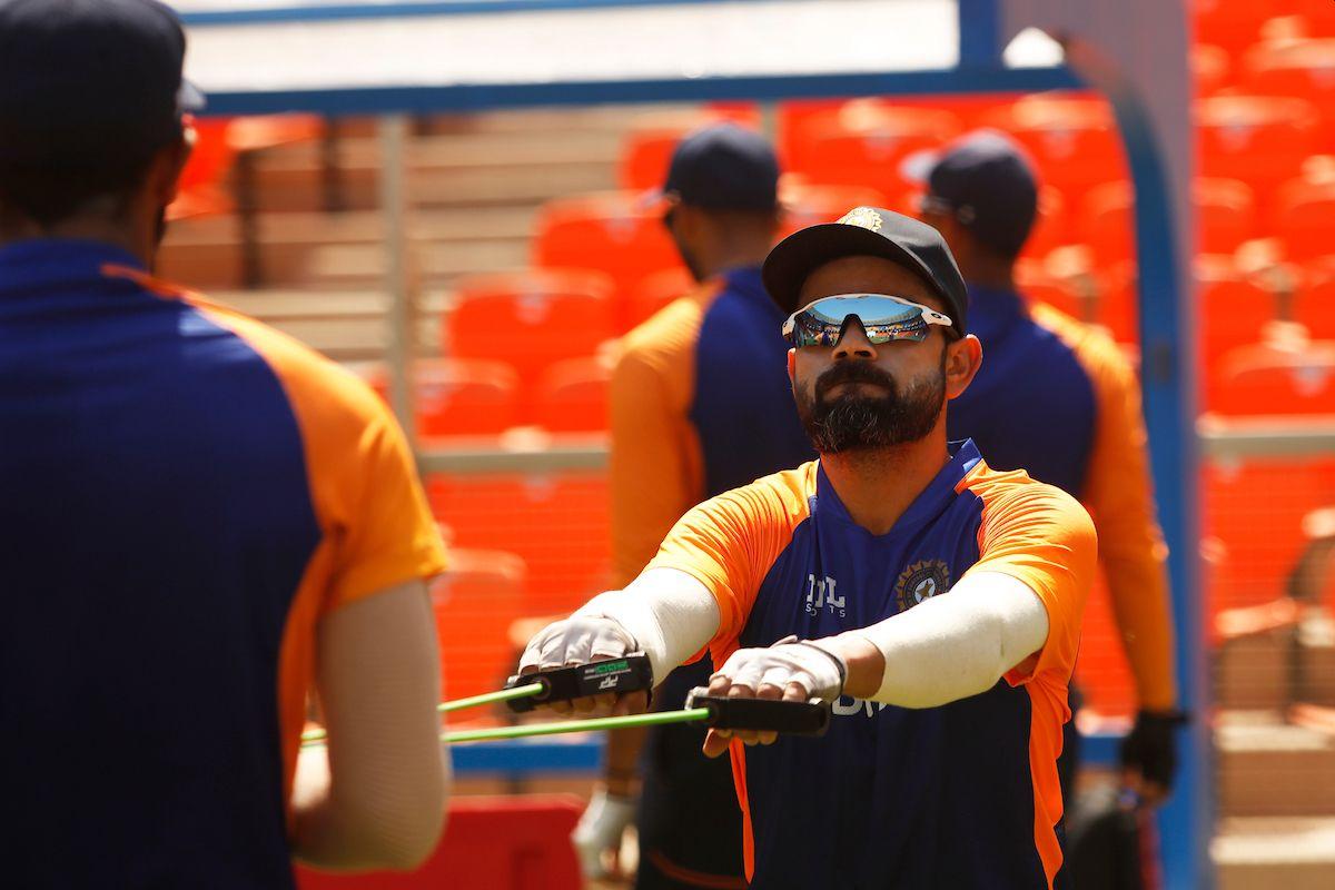 Virat Kohli at a practice session at the Motera Stadium in Ahmedabad on Saturday