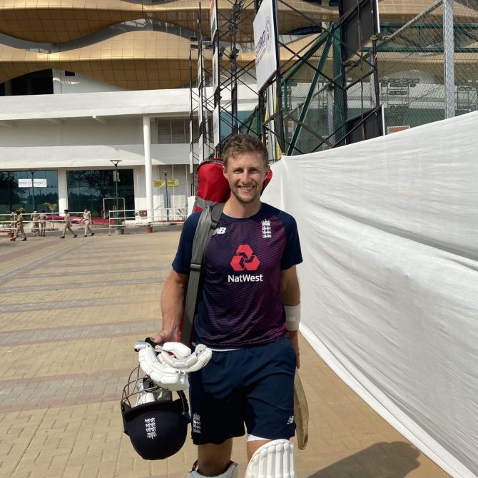 England captain Joe Root is all smiles after a practice session at the Motera Stadium on Tuesday