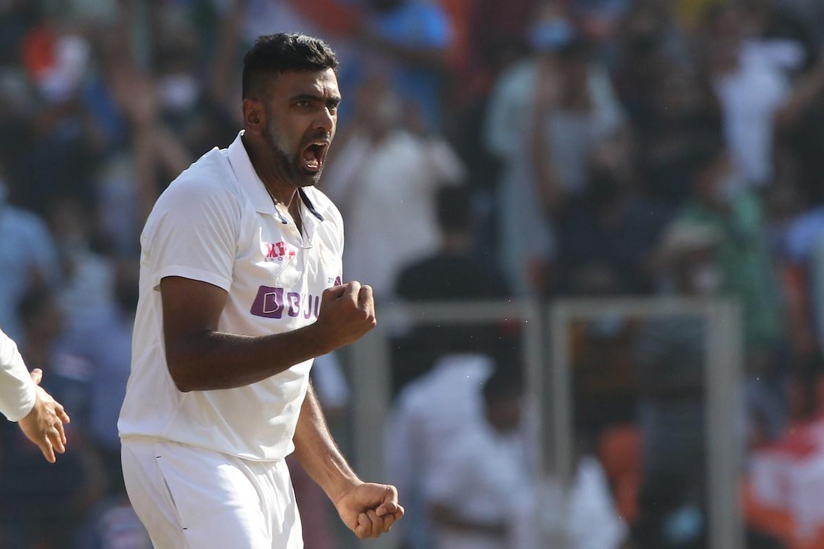 Ravichandran Ashwin exults after trapping Joe Root leg before wicket.