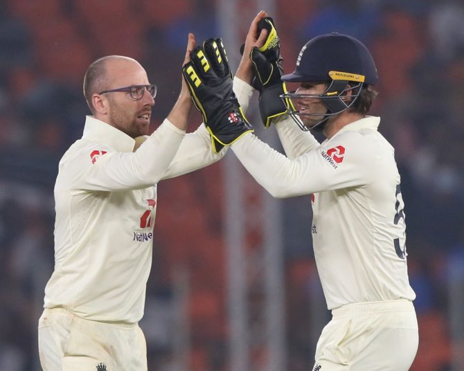 Jack Leach with wicketkeeper Ben Foakes after dismissing Cheteshwar Pujara