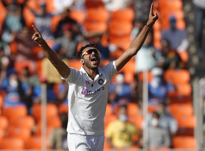 Axar Patel celebrates the wicket Zak Crawley in England's second innings