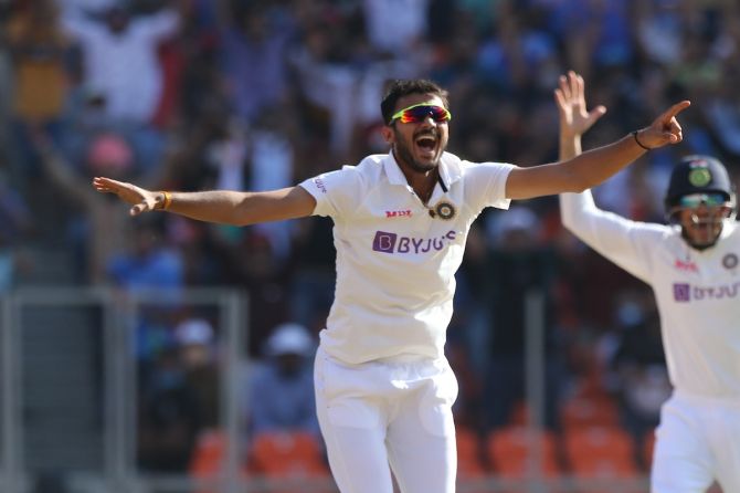 Axar Patel celebrates after his five-wicket haul in England’s second innings on Wednesday, Day 2 of the third Test