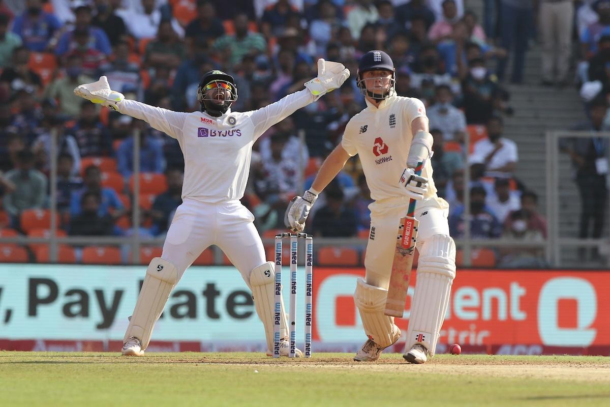 Wicketkeeper Rishabh Pant appeals for the wicket of Zak Crawley. 