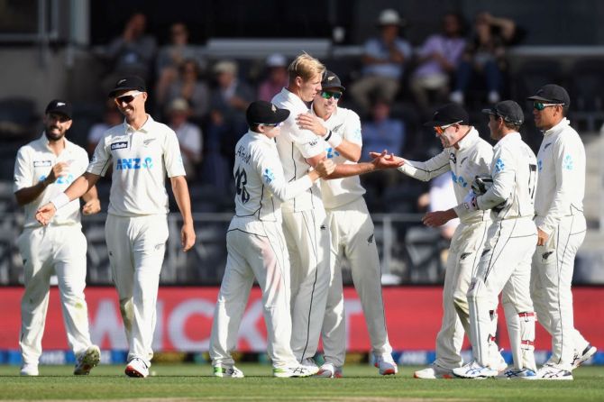 New Zealand's Kyle Jamieson (centre) is congratulated by teammates after dismissing Pakistan's Faheem Ashraf on Day 1 of the second Test match at Hagley Oval in Christchurch on Sunday