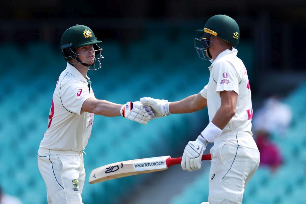 Steve Smith congratulates Marnus Labuschagne on scoring 50 runs.