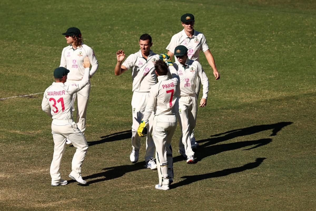 Josh Hazlewood is complimented by his Australia teammates after dismissing Shubman Gill.