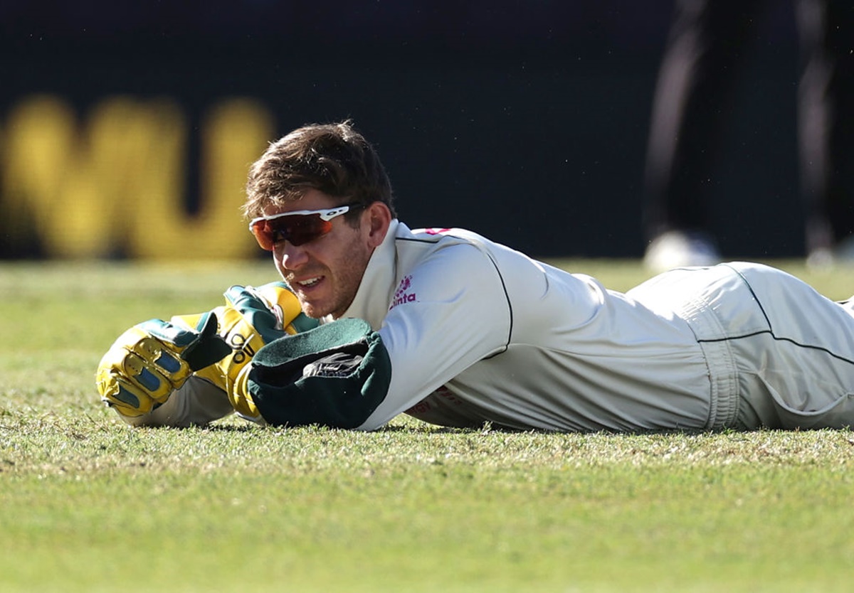 Tim Paine reacts after dropping a catch off Hanuma Vihari