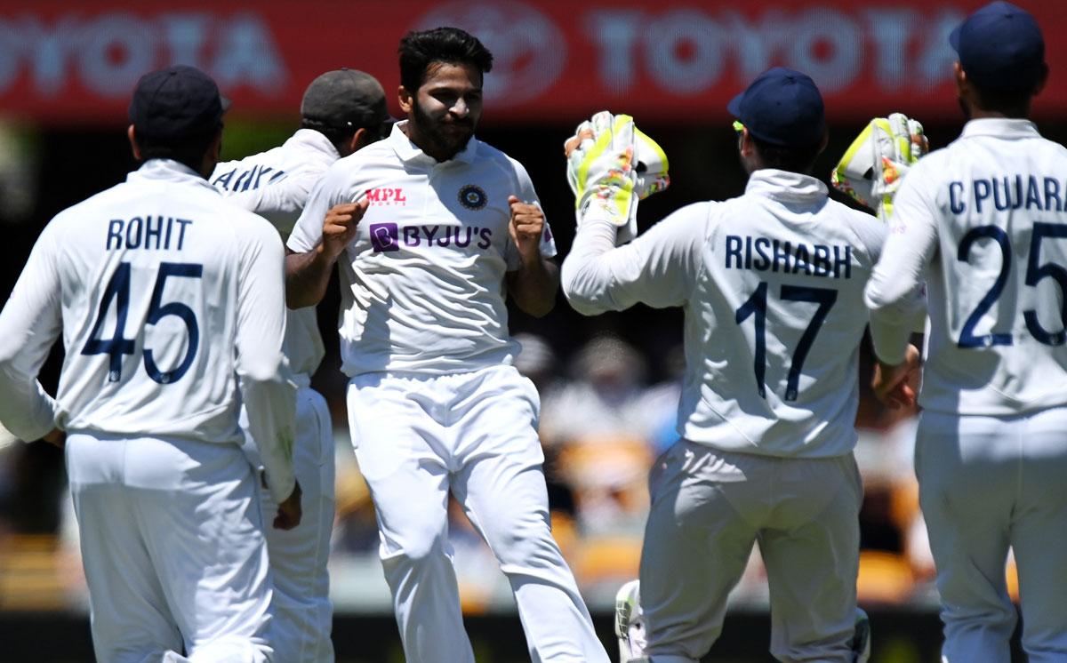 Shardul Thakur celebrates after dismissing Marcus Harris.