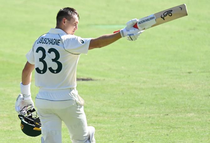 Marnus Labuschagne celebrates scoring a century.