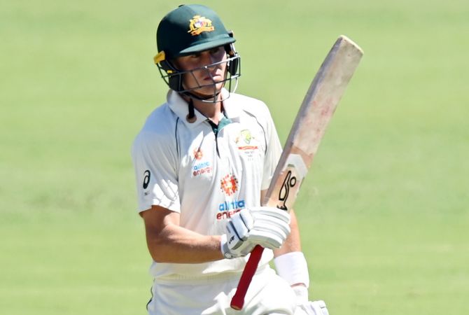 Marnus Labuschagne of Australia celebrates scoring fifty runs 