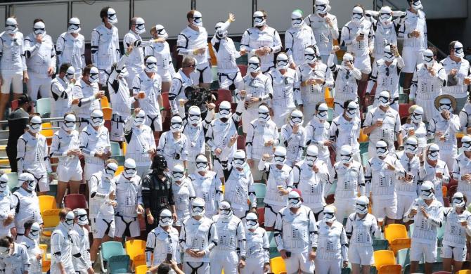 Fans dressed up as Darth Vader in the stands at the Gabba on Saturday