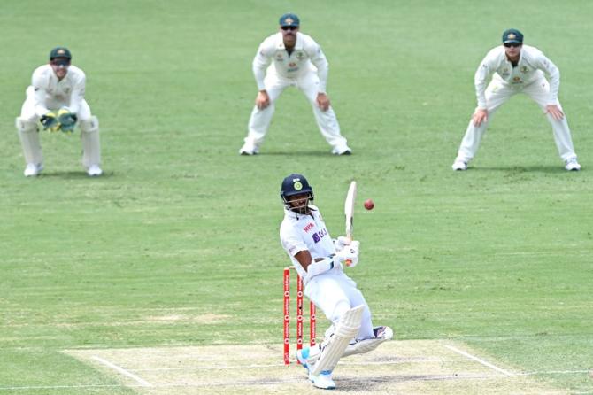 India debutant Washington Sundar takes evasive action from a rising delivery while batting on Day 3 of the fourth Test against Australia, at the Gabba, in Brisbane, on Sunday.