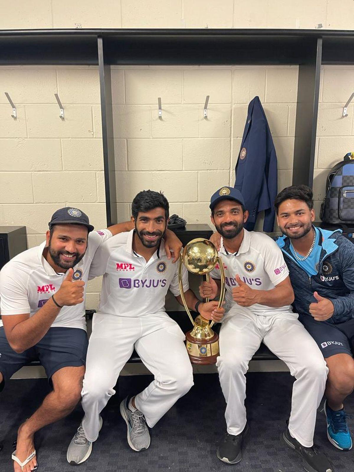 Rohit Sharma, Jasprit Bumrah, Ajinkya Rahane and Rishabh Pant celebrate their series win in the dressing room at the Gabba on Tuesday