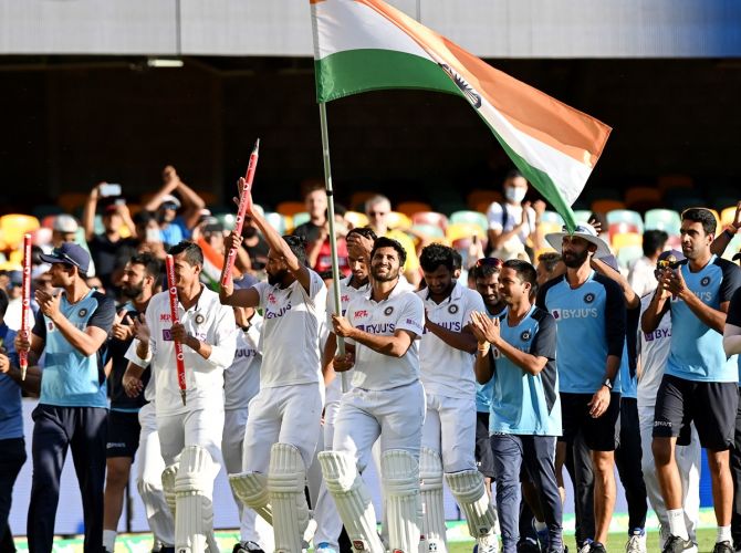 Team India celebrates victory at the GABBA. This was India's first win at the venue in 33 years 