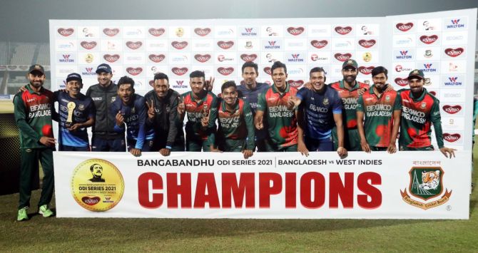 Bangladesh players celebrate their ODI series win over West Indies on Monday