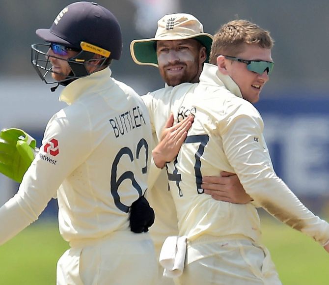 England off-spinner Dom Bess celebrates after taking the wicket of Sri Lanka's Oshada Fernando on Day 4 of the 2nd Test in Galle on Monday