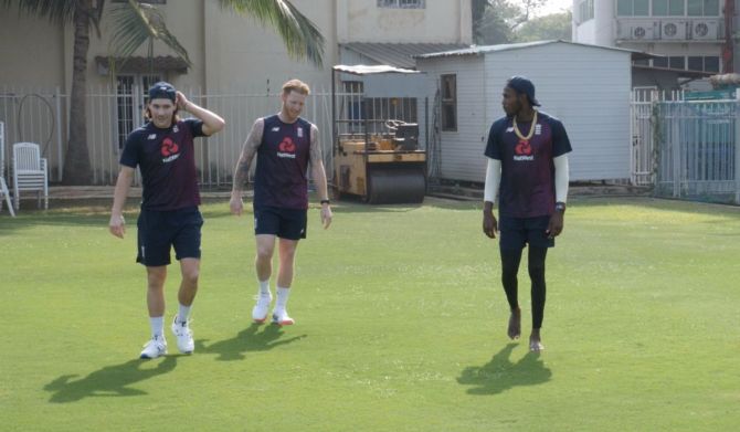 England's Rory Burns, Ben Stokes and Jofra Archer get ready to hit the nets on Saturday