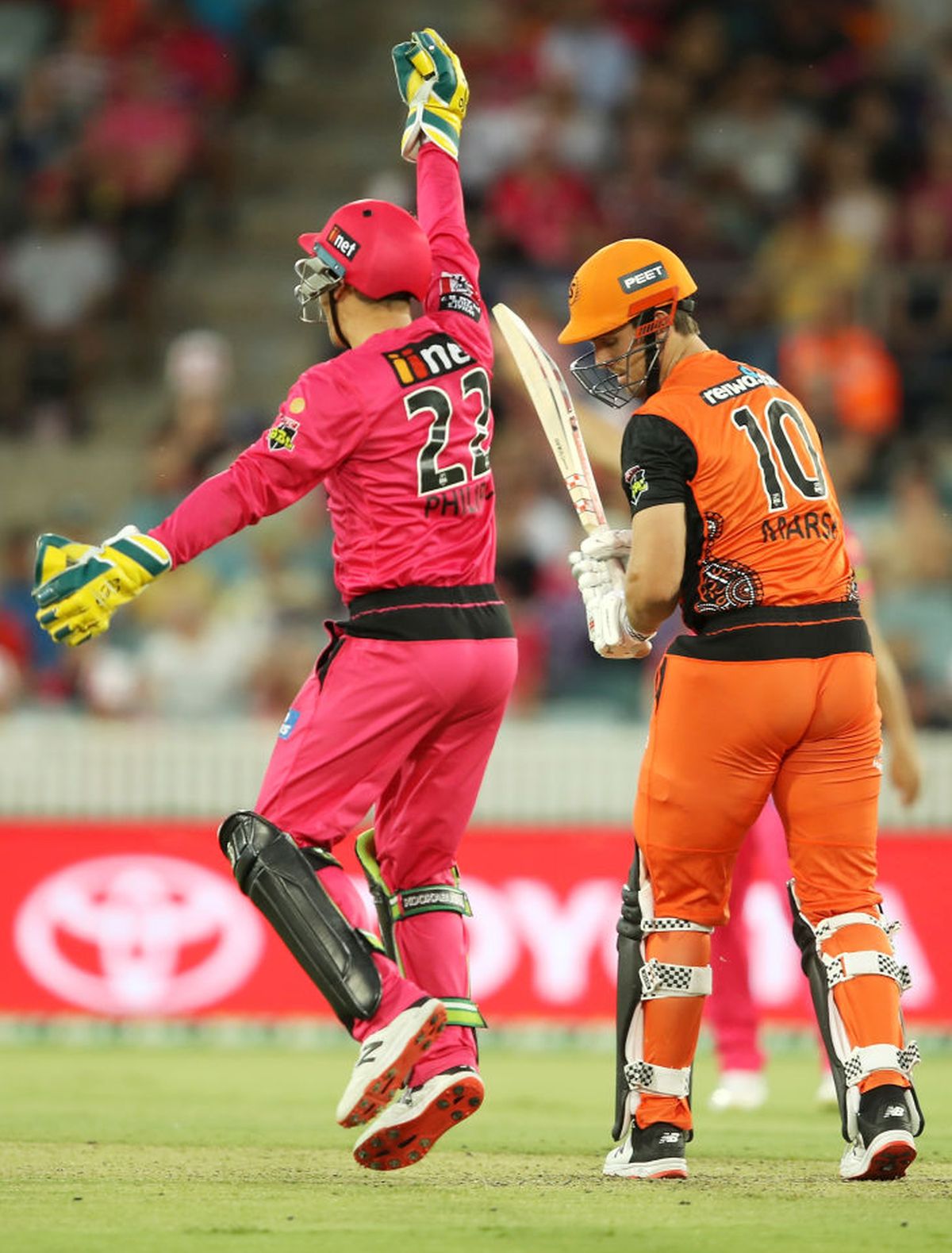 Sydney Sixers' Josh Philippe successfully appeals for the wicket of Perth Scorchers' Mitch Marsh during the Big Bash League at Manuka Oval, in Canberra, on Saturday