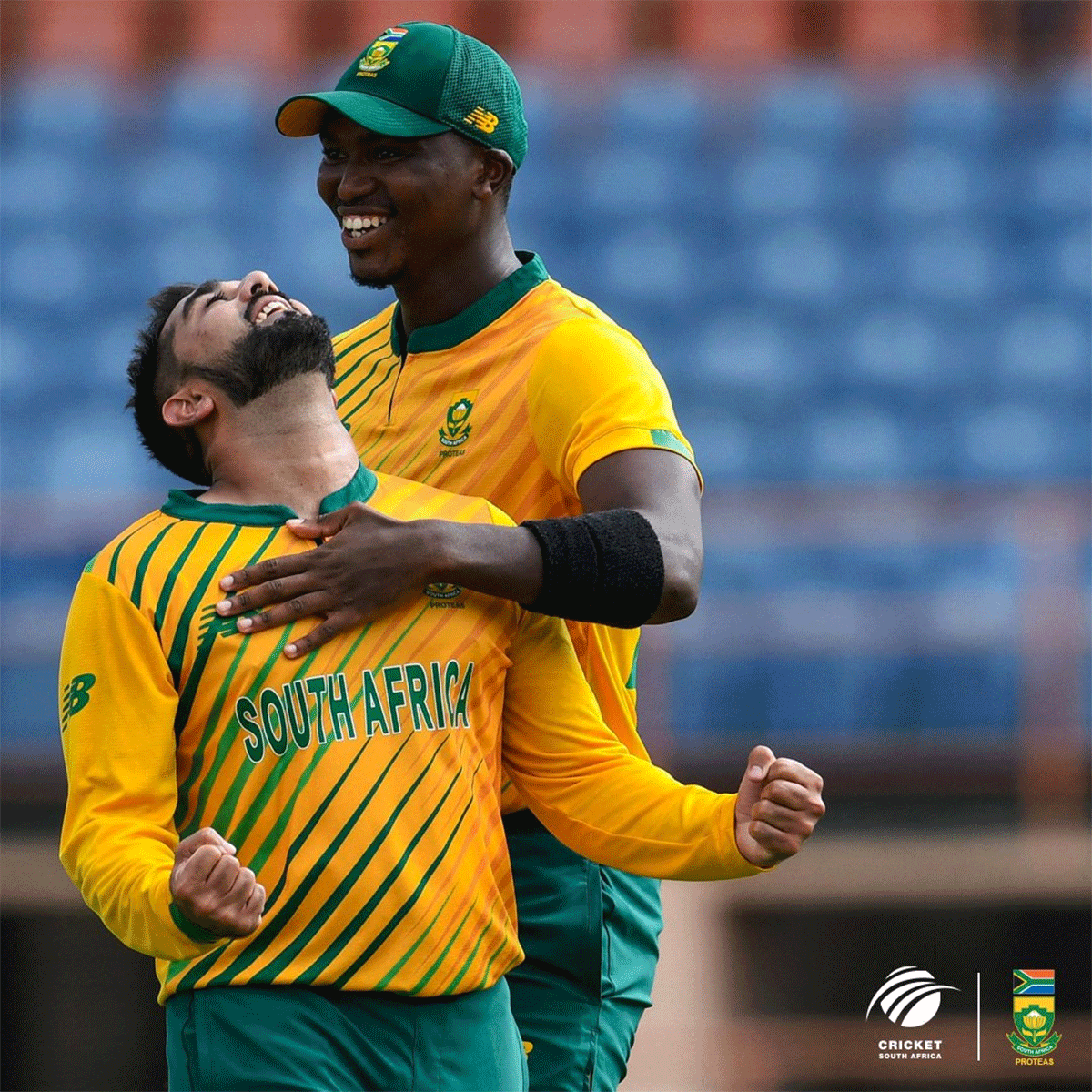 South Africa's Tabraiz Shamsi celebrates with Lungi Ngjidi after taking a wicket during the fifth T20I against West Indies in St George's on Saturday