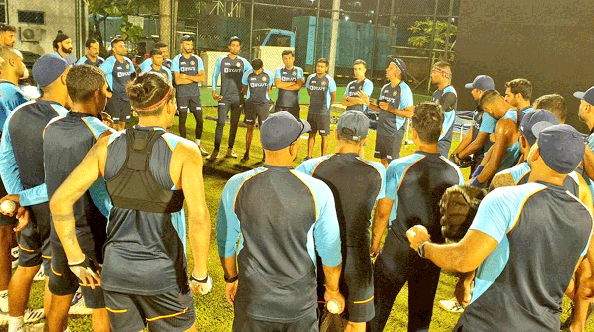 India coach Rahul Dravid speaks to his wards during a training session on Friday