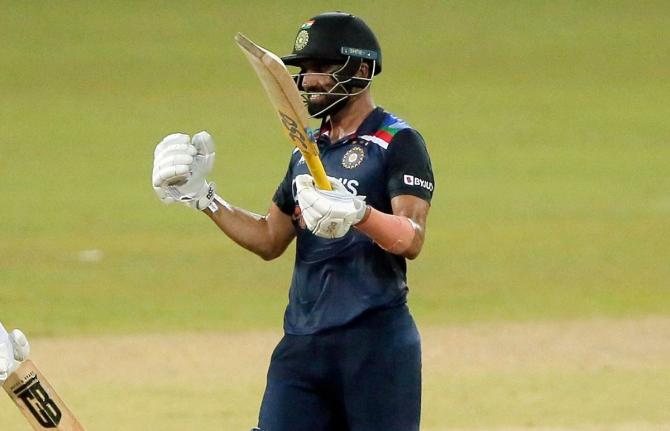 India's Deepak Chahar celebrates after scoring the winning runs