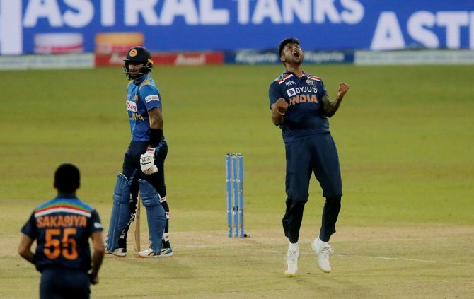 Krishnappa Gowtham celebrates taking the wicket of Sri Lanka opener Minod Bhanuka.