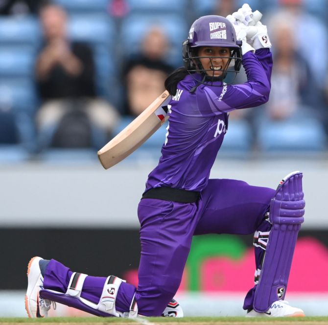 Northern Superchargers batter Jemimah Rodrigues hits out during 'The Hundred' match against Welsh Fire, at Emerald Headingley stadium, in Leeds, England, on Saturday.