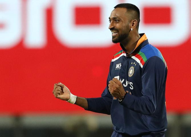 Krunal Pandya celebrates the wicket of Minod Bhanuka