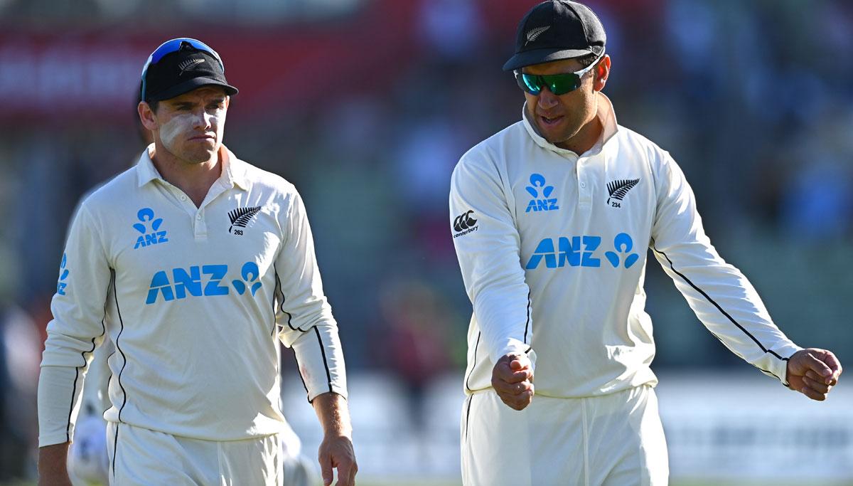 New Zealand captain Tom Latham, left, chats with Ross Taylor after Day 3 of the second Test against England, at Edgbaston in Birmingham.