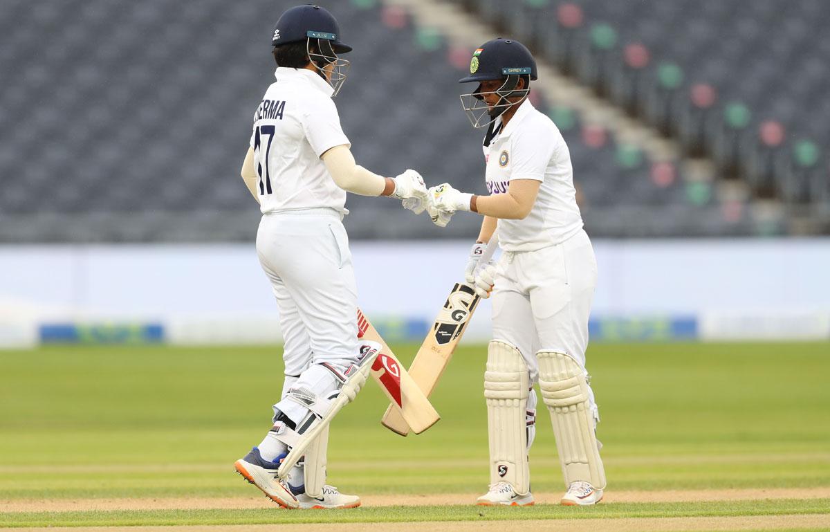 Shafali Verma, left, and Deepti Sharma during their partnership.