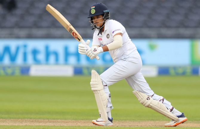 India's Shafali Verma bats on Day 3 of the one-off women's Test against England, at the Bristol County Ground, on Friday.