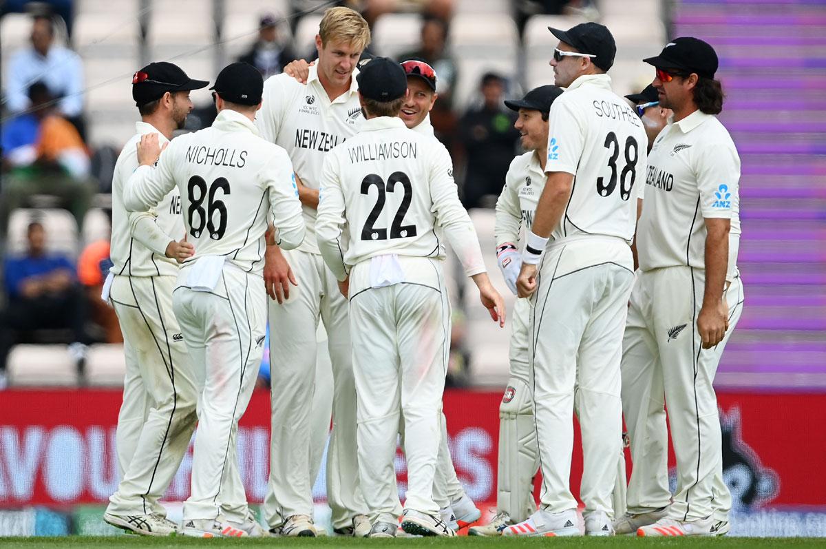 New Zealand pacer Kyle Jamieson celebrates the wicket of Jasprit Bumrah