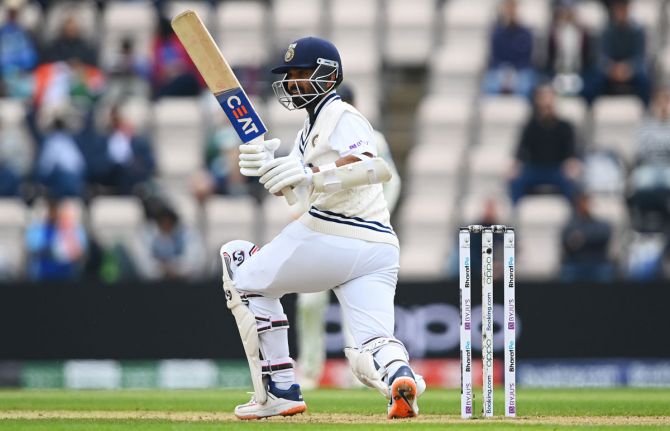 Ajinkya Rahane gets going early in the day with a couple of runs.