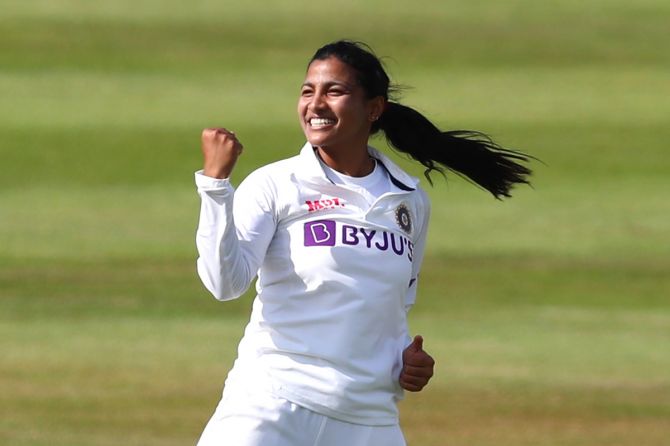 India's spin all-rounder Sneh Rana celebrates a wicket on Day 1 of the one-off women's Test against England