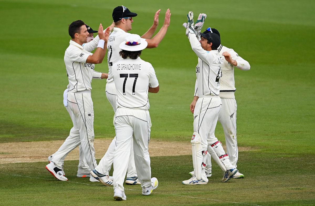 New Zealand pacer Trent Boult celebrates the wicket of Ajinkya Rahane