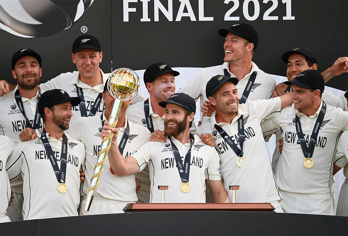 New Zealand players celebrate on winning the WTC final on Wednesday. 'For them to be able to manufacture a result against the weather and a very formidable Indian side and to be able to do it on the biggest stage as well, is quite superb.'