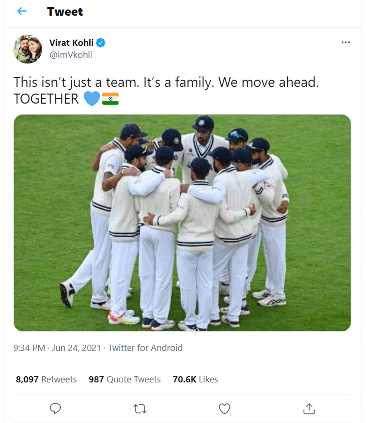 Virat Kohli's tweet