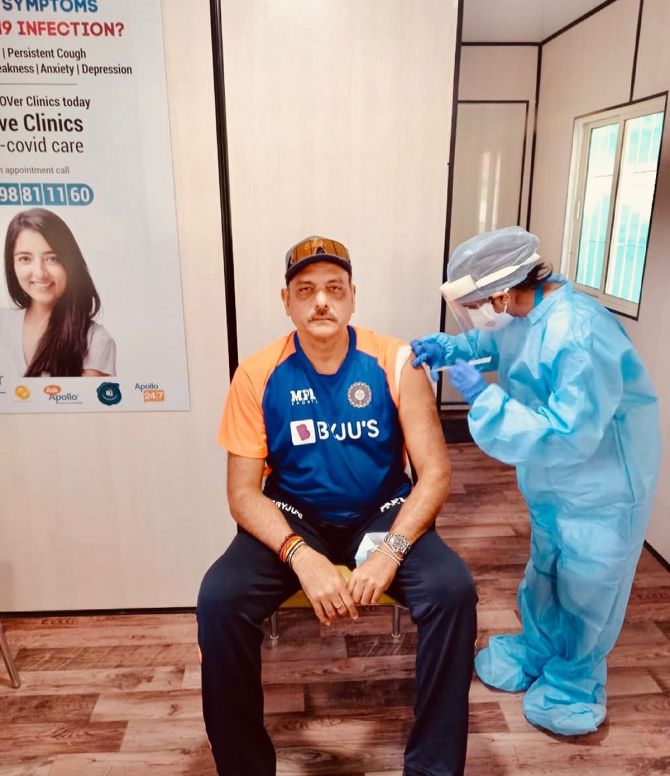 India coach Ravi Shastri gets a jab of the COVID-19 vaccine in Ahmedabad on Tuesday
