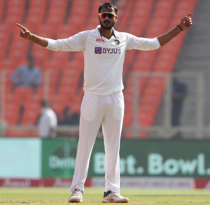 Axar Patel celebrates the wicket of Zak Crawley