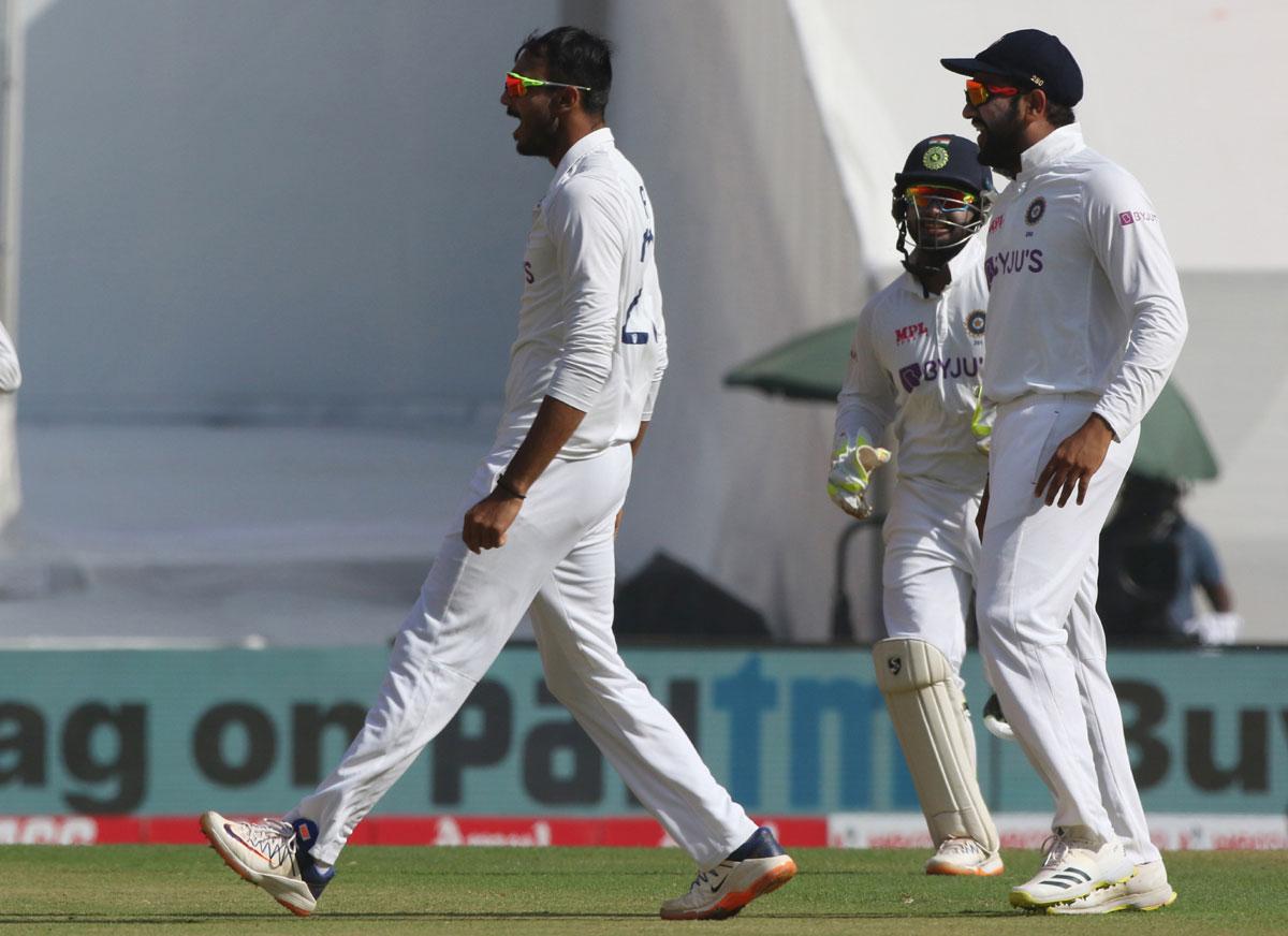 India's Axar Patel celebrates after dismissing England opener Dominic Sibley on Thursday, Day 1 of the fourth Test, at the Narendra Modi stadium, in Motera, Ahmedabad.