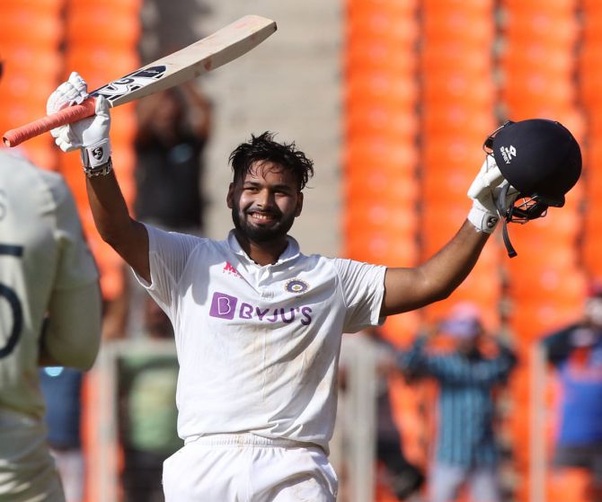 India's Rishabh Pant celebrates after scoring a hundred on Day 2 of the fourth Test against England
