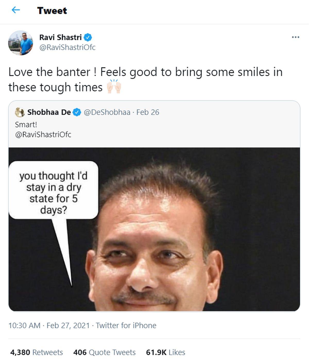 Ravi Shastri's sporty reply to meme shared by socialite Shobbaa De