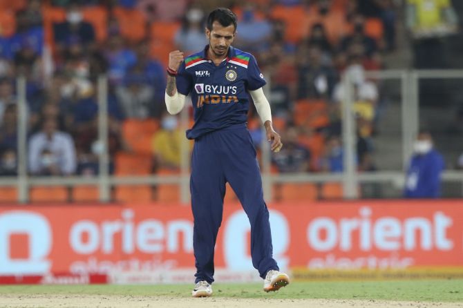 Yuzvendra Chahal celebrates the wicket of Jos Buttler