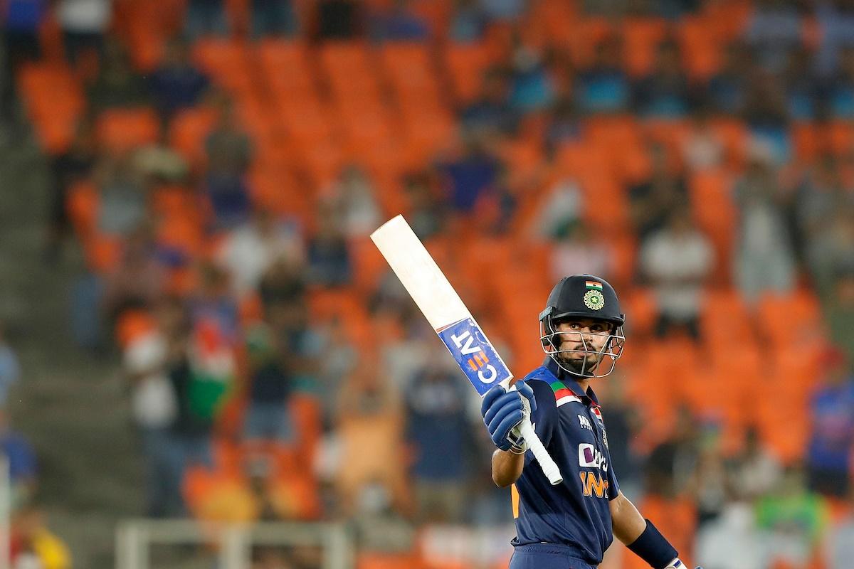 Shreyas Iyer  waves to the dressing room after scoring 50.