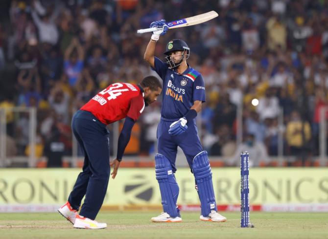 India's Shreyas Iyer celebrates reaching his half century